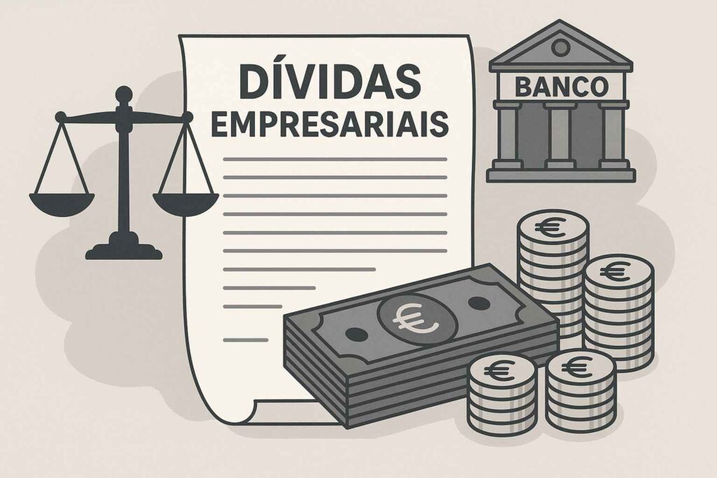 Ilustração de um documento intitulado “Dívidas Empresariais”, ao lado de uma balança da justiça, pilhas de moedas, cédulas e um prédio representando um banco.