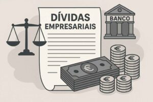 Ilustração de um documento intitulado “Dívidas Empresariais”, ao lado de uma balança da justiça, pilhas de moedas, cédulas e um prédio representando um banco.