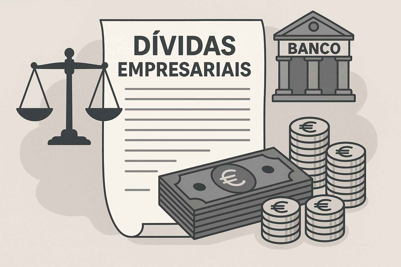 Ilustração de um documento intitulado “Dívidas Empresariais”, ao lado de uma balança da justiça, pilhas de moedas, cédulas e um prédio representando um banco.