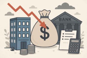 Ilustração de empresa com dívida no banco, com saco de dinheiro, moedas, seta vermelha em queda, banco ao fundo e calculadora.