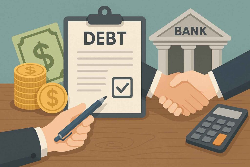 Ilustração com aperto de mãos entre cliente e banco, dinheiro, calculadora e contrato de dívida, simbolizando negociação de dívidas bancárias.