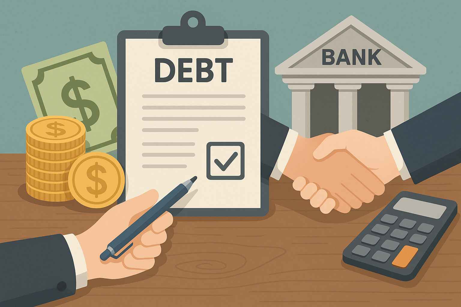 Ilustração com aperto de mãos entre cliente e banco, dinheiro, calculadora e contrato de dívida, simbolizando negociação de dívidas bancárias.