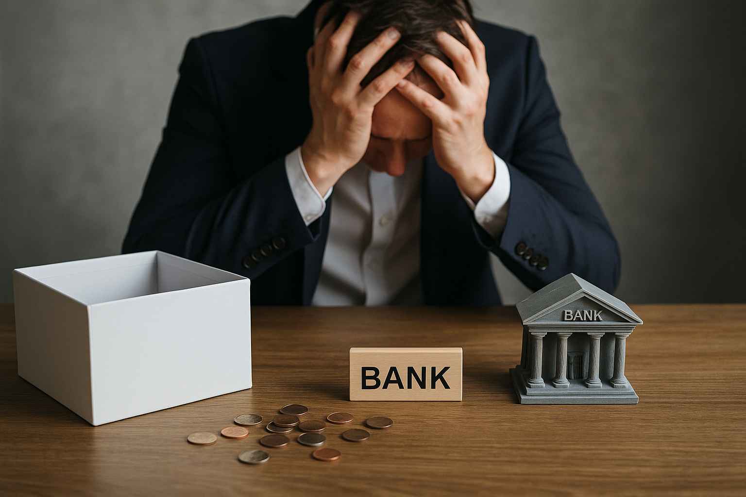 Empresário segurando a cabeça em sinal de preocupação, com moedas sobre a mesa e uma miniatura de banco, representando empresa sem caixa para pagar bancos.
