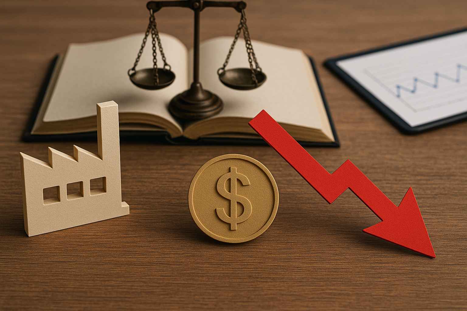 Miniatura de fábrica, símbolo de dinheiro e seta vermelha apontando para baixo, com livro jurídico e balança ao fundo, representando empresa devendo capital de giro.