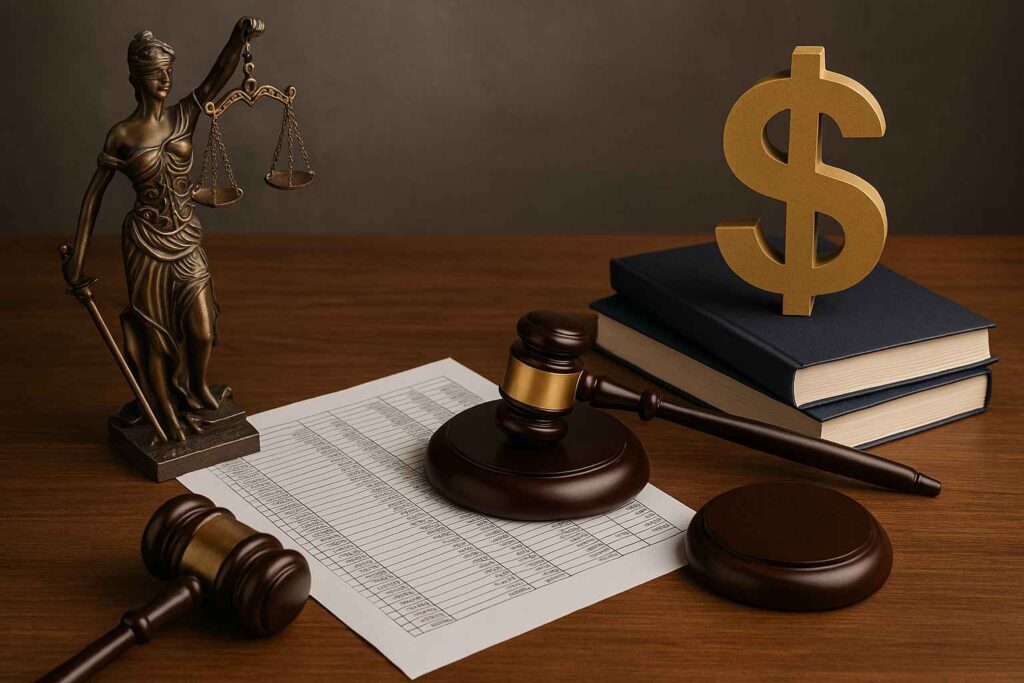 Estátua da justiça, martelos de juiz, documentos financeiros e símbolo de cifrão sobre a mesa, representando análise de passivos bancários.