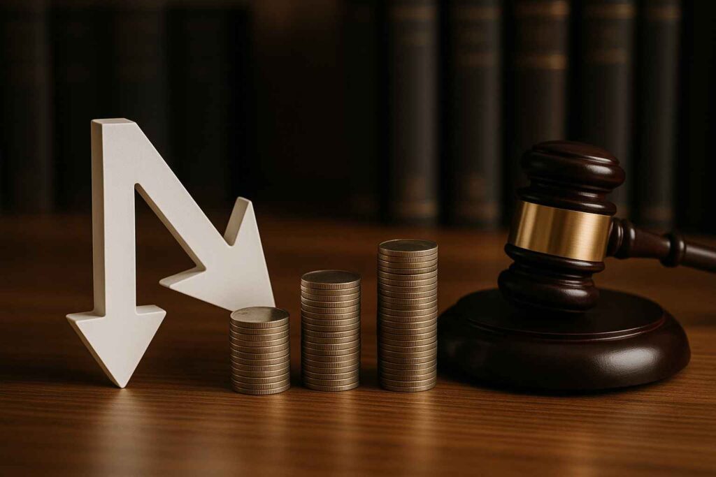 Seta branca apontando para baixo ao lado de pilhas de moedas e martelo de juiz, simbolizando redução de passivos empresariais.