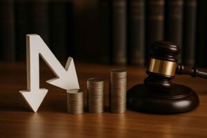 Seta branca apontando para baixo ao lado de pilhas de moedas e martelo de juiz, simbolizando redução de passivos empresariais.