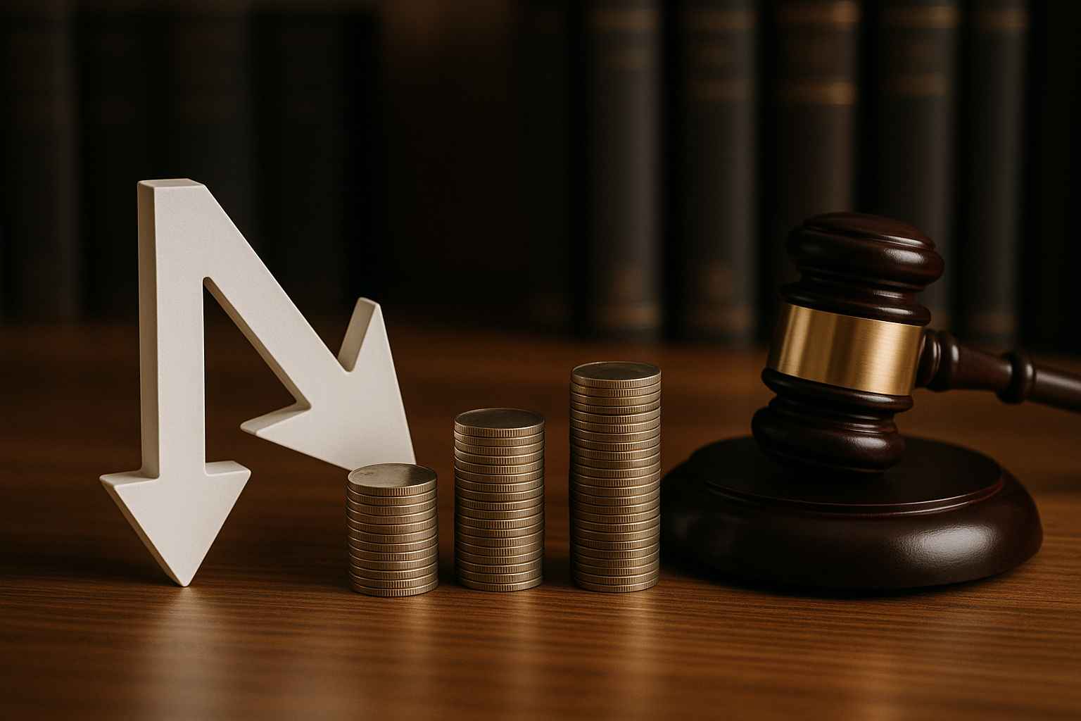Seta branca apontando para baixo ao lado de pilhas de moedas e martelo de juiz, simbolizando redução de passivos empresariais.