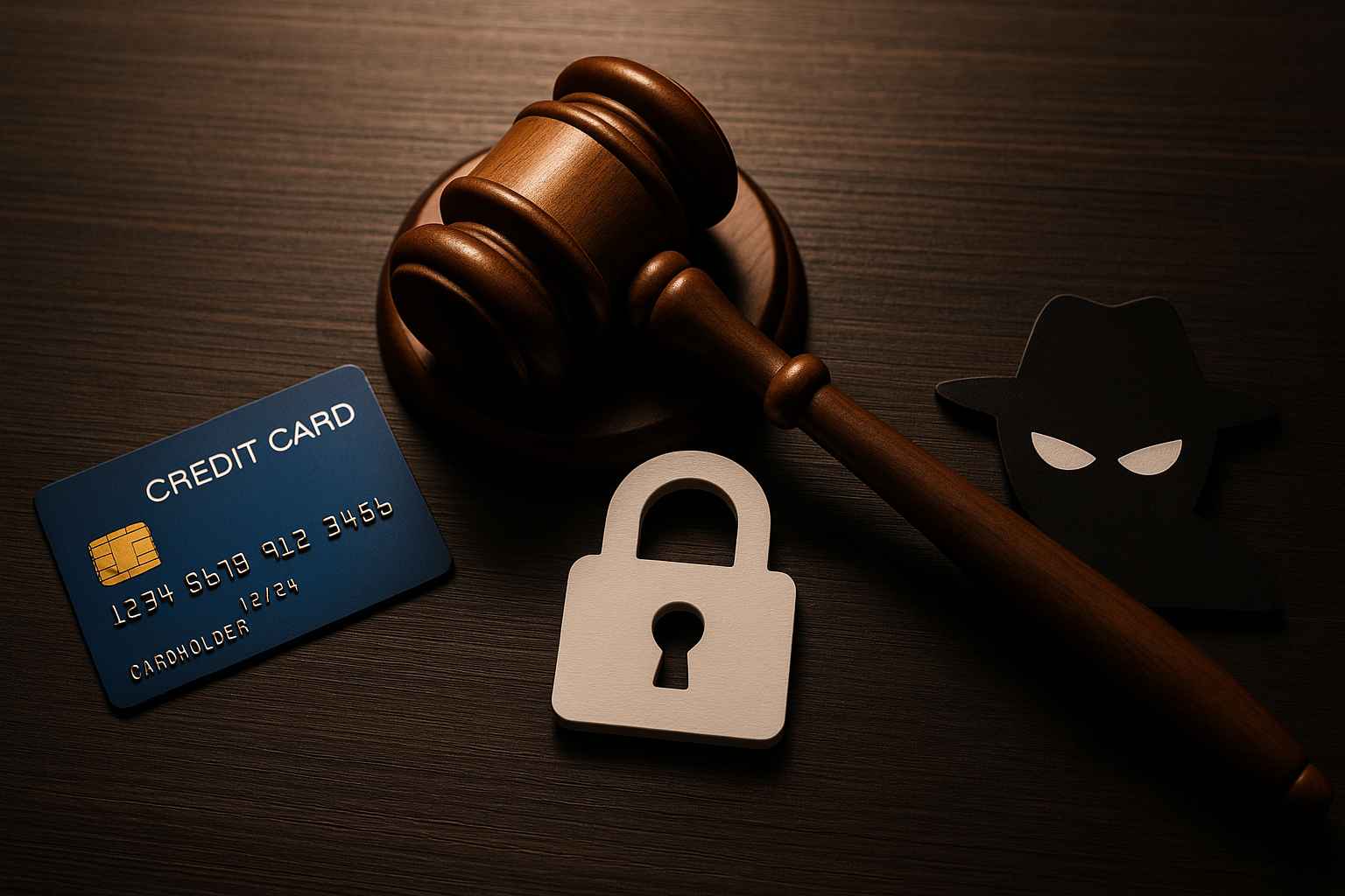 Cartão de crédito ao lado de um cadeado, martelo de juiz e silhueta de golpista, simbolizando fraude bancária e proteção jurídica contra golpes.