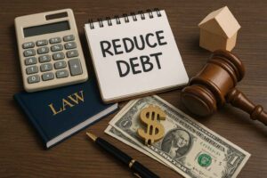 Caderno com a frase “Reduce Debt” ao lado de calculadora, martelo de juiz, livro de leis, cédula de dólar e símbolo de cifrão, representando estratégias para reduzir dívidas empresariais.
