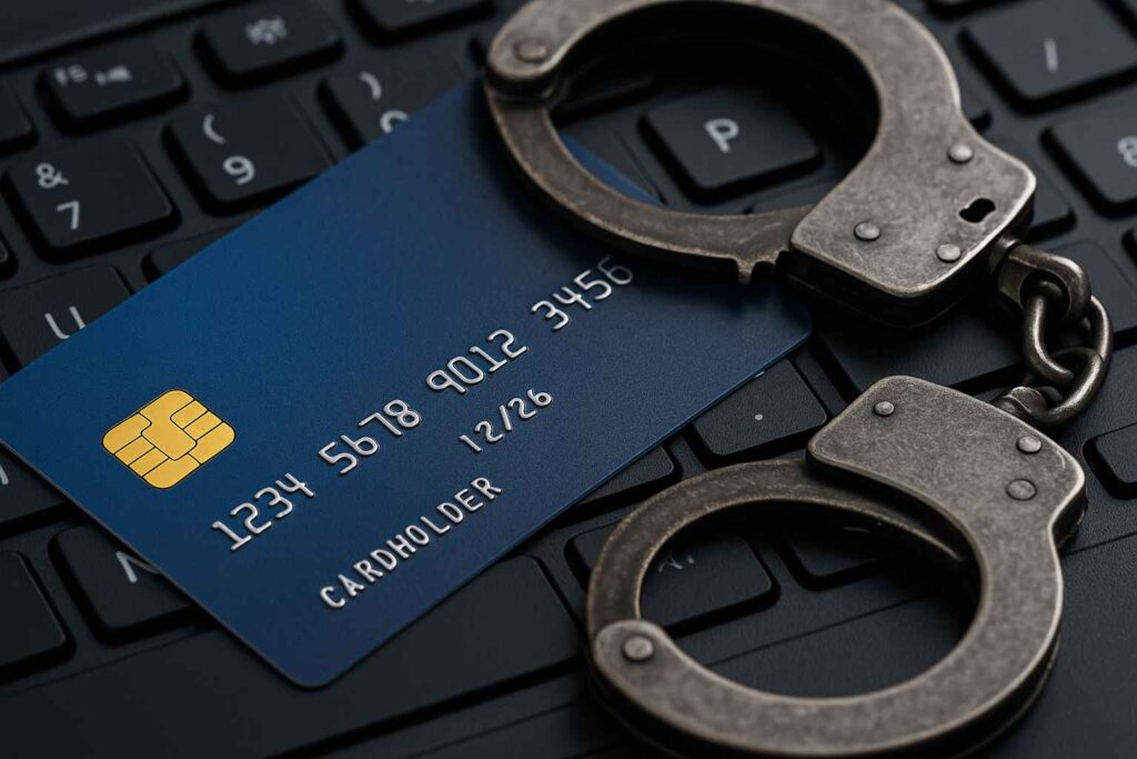 Cartão de crédito azul sobre teclado de computador com algemas ao lado, simbolizando fraude, clonagem de cartão e crimes financeiros.