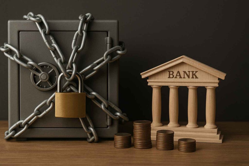 Cofre com correntes e cadeado simbolizando capital travado pelo banco, ao lado de uma estrutura de madeira representando o banco e pilhas de moedas.
