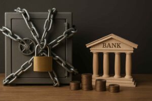 Cofre com correntes e cadeado simbolizando capital travado pelo banco, ao lado de uma estrutura de madeira representando o banco e pilhas de moedas.