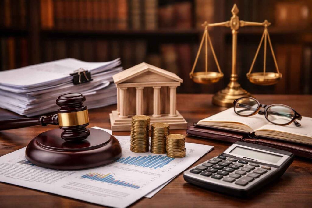 Mesa com martelo do juiz, pilhas de moedas, prédio bancário em miniatura, balança da justiça, documentos financeiros e calculadora, representando a reestruturação de passivos bancários empresariais.