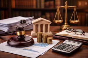 Mesa com martelo do juiz, pilhas de moedas, prédio bancário em miniatura, balança da justiça, documentos financeiros e calculadora, representando a reestruturação de passivos bancários empresariais.