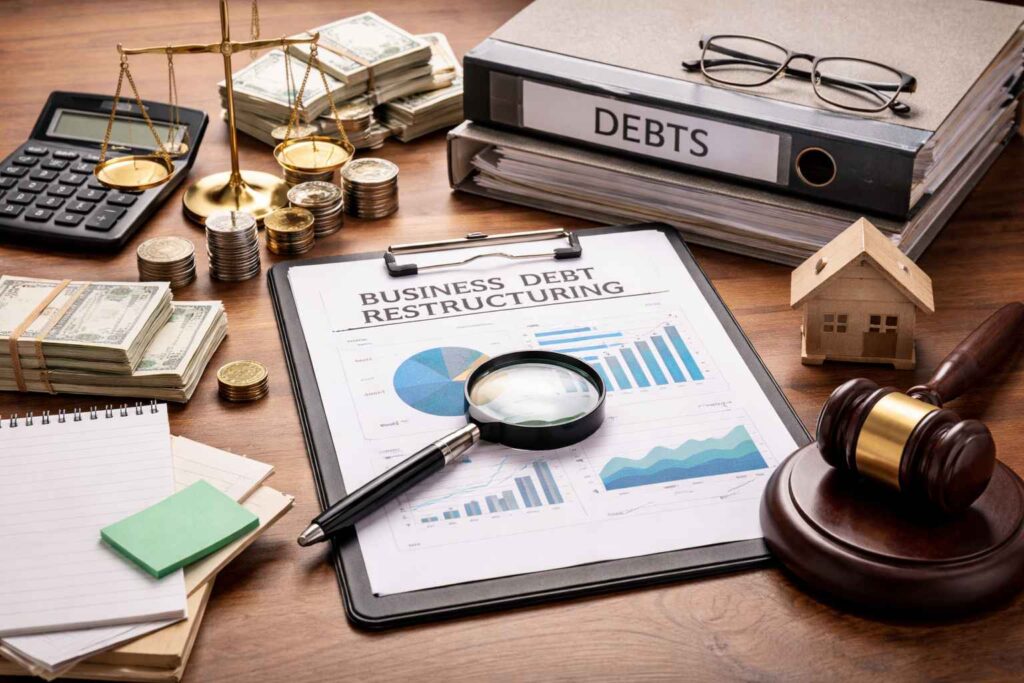 Imagem de mesa de trabalho com relatório de reestruturação de dívidas empresariais, gráficos financeiros, calculadora, pilhas de dinheiro, balança da justiça, martelo de juiz e pasta identificada como dívidas, representando reorganização financeira e jurídica da empresa.