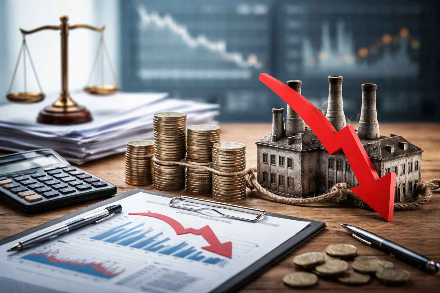 Imagem ilustrando reestruturação financeira para empresas endividadas, com fábrica simbolizando a empresa, seta vermelha de queda, pilhas de moedas, documentos financeiros, balança da justiça e gráficos de desempenho negativo, representando crise financeira e necessidade de reorganização empresarial.
