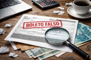 Boleto bancário com carimbo de “boleto falso”, lupa sobre o código de barras, dinheiro em reais sobre a mesa, calculadora, notebook e xícara de café, representando fraude financeira e golpe bancário.
