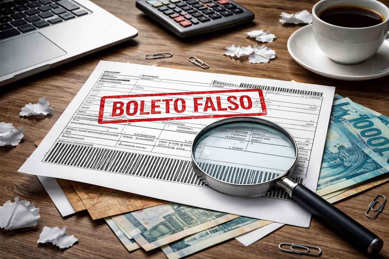 Boleto bancário com carimbo de “boleto falso”, lupa sobre o código de barras, dinheiro em reais sobre a mesa, calculadora, notebook e xícara de café, representando fraude financeira e golpe bancário.