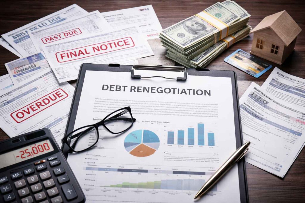 Documentos de renegociação de dívida sobre a mesa, com calculadora, dinheiro, gráficos financeiros e avisos de atraso, representando dívida alta e estratégia de renegociação.