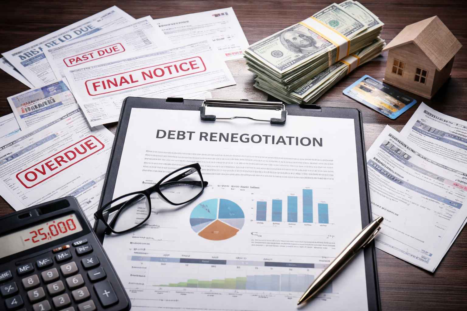Documentos de renegociação de dívida sobre a mesa, com calculadora, dinheiro, gráficos financeiros e avisos de atraso, representando dívida alta e estratégia de renegociação.
