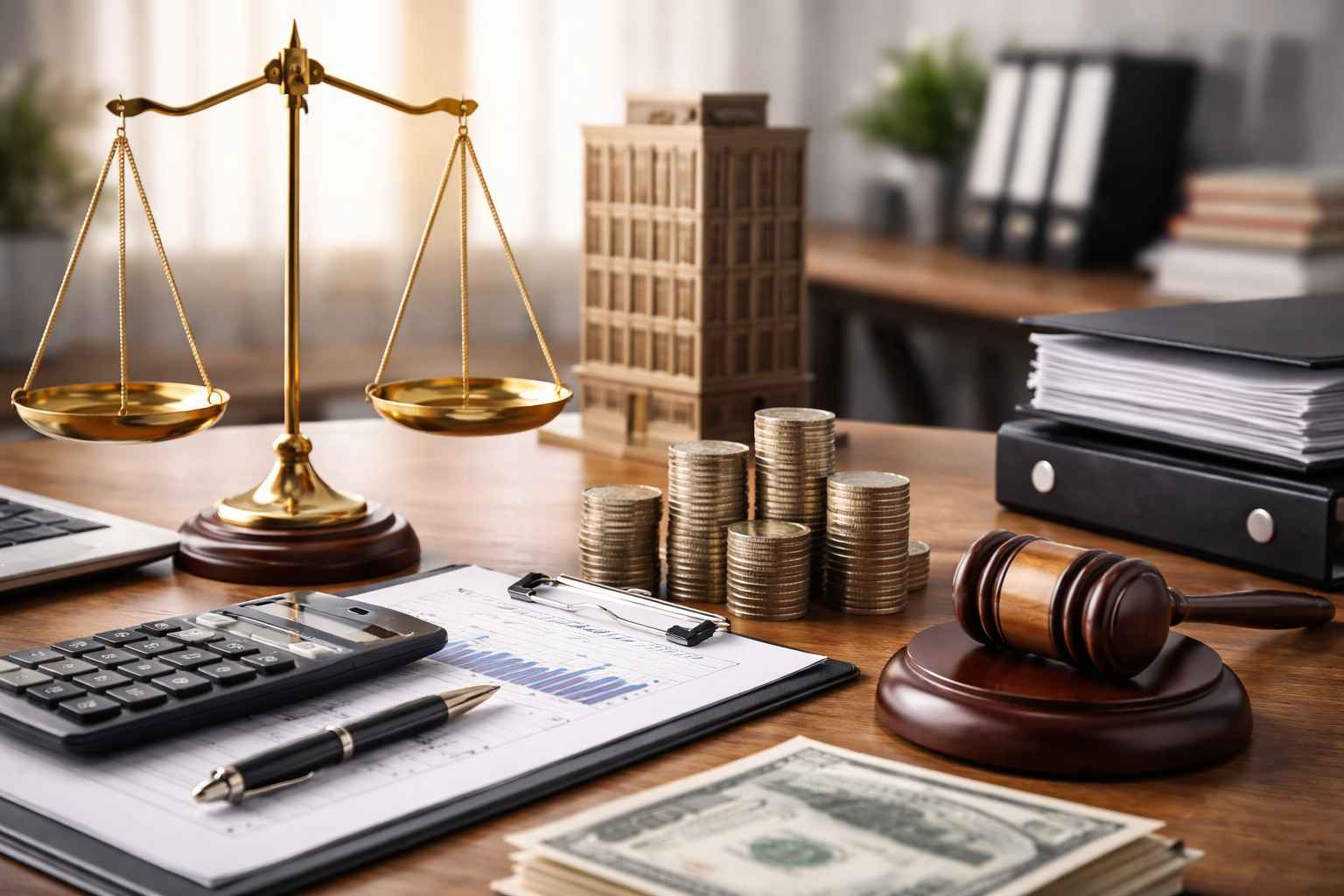 Mesa de escritório com balança da justiça, martelo de juiz, pilhas de moedas, documentos financeiros e calculadora, representando a atuação de um especialista em dívidas empresariais.