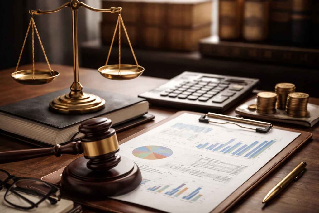 Mesa de escritório com balança da justiça, martelo do juiz, documentos financeiros com gráficos, calculadora e moedas, representando a atuação de um advogado para gestão de passivos empresariais.