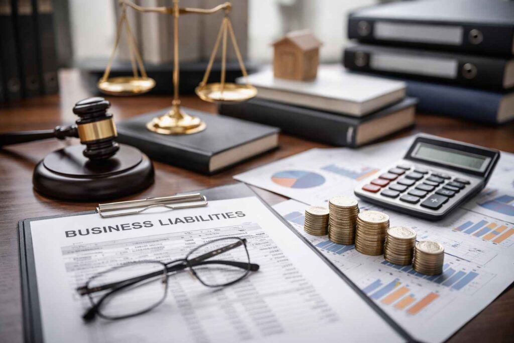 Documentos com o título “Business Liabilities”, calculadora, pilhas de moedas, gráficos financeiros e instrumentos jurídicos sobre uma mesa, representando a gestão de passivos empresariais.