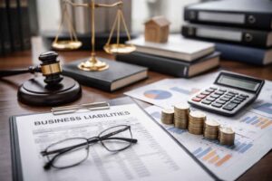 Documentos com o título “Business Liabilities”, calculadora, pilhas de moedas, gráficos financeiros e instrumentos jurídicos sobre uma mesa, representando a gestão de passivos empresariais.