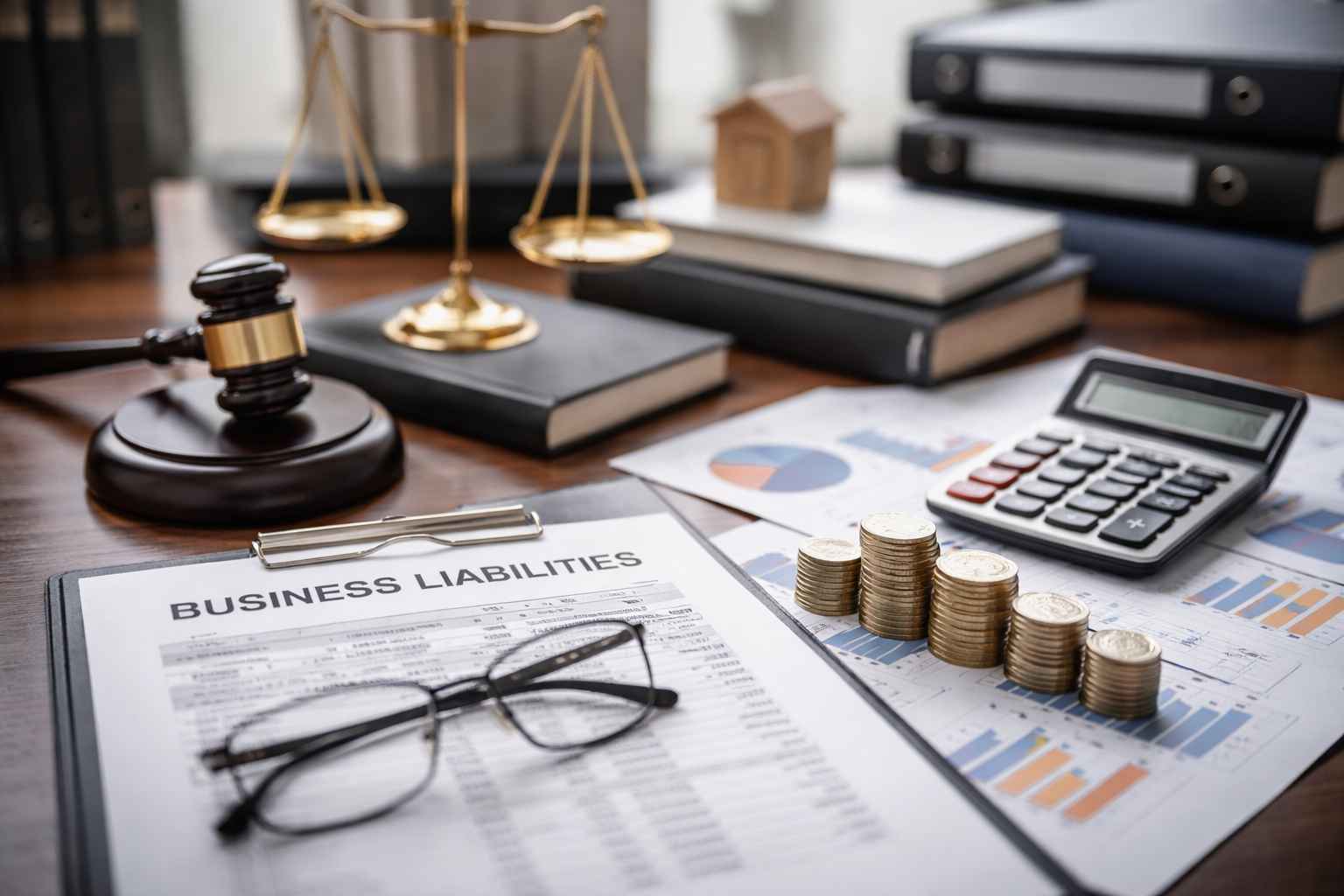 Documentos com o título “Business Liabilities”, calculadora, pilhas de moedas, gráficos financeiros e instrumentos jurídicos sobre uma mesa, representando a gestão de passivos empresariais.
