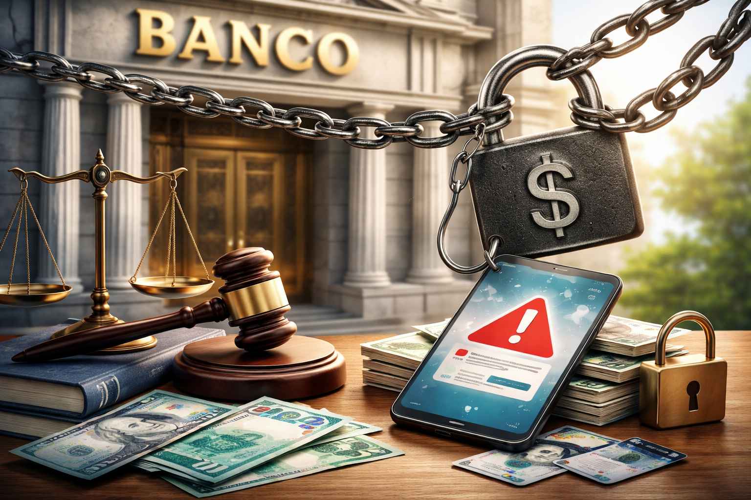 Imagem de um banco com correntes, cadeado com símbolo de dinheiro, martelo do juiz, balança da justiça e celular exibindo alerta de fraude, representando a responsabilidade do banco por golpes financeiros.