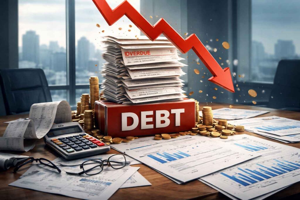 Imagem representando dívida empresarial alta, com pilha de documentos financeiros, moedas, calculadora, relatórios contábeis e uma seta vermelha apontando para baixo, simbolizando queda financeira e endividamento empresarial.