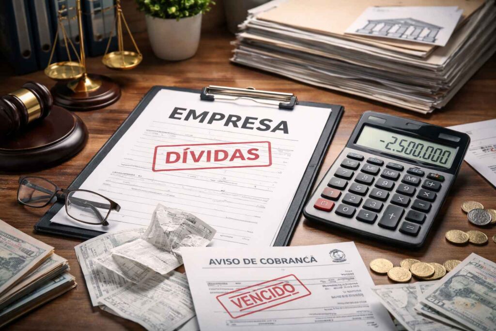 Imagem representando dívida bancária PJ, com documentos empresariais marcados como dívidas, aviso de cobrança vencido, calculadora exibindo valor negativo, moedas espalhadas e símbolos jurídicos sobre uma mesa de escritório.