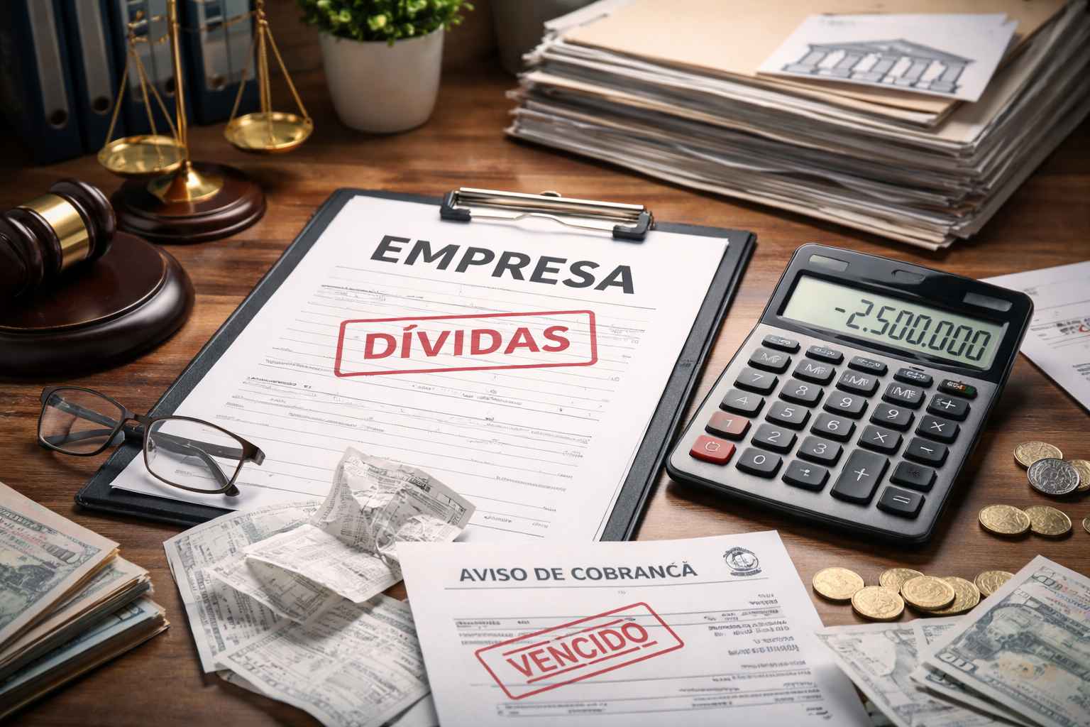 Imagem representando dívida bancária PJ, com documentos empresariais marcados como dívidas, aviso de cobrança vencido, calculadora exibindo valor negativo, moedas espalhadas e símbolos jurídicos sobre uma mesa de escritório.