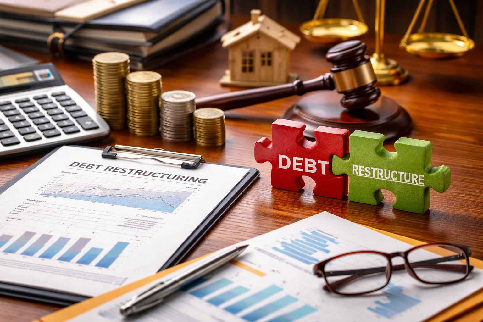 Imagem representando a renegociação de dívida empresarial, com documentos de reestruturação financeira, peças de quebra-cabeça simbolizando dívida e reestruturação, calculadora, moedas empilhadas e símbolos jurídicos sobre uma mesa de escritório.