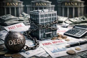 Imagem ilustrando empresa endividada com bancos, com prédio corporativo acorrentado, papéis de cobrança bancária, avisos de dívida vencida, moedas, calculadora e símbolos financeiros e jurídicos sobre uma mesa.