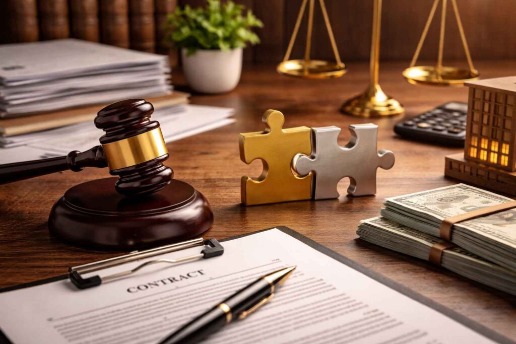 Imagem representando renegociação empresarial, com martelo do juiz, contrato sobre a mesa, peças de quebra-cabeça encaixadas, dinheiro empilhado, balança da justiça e ambiente jurídico corporativo.