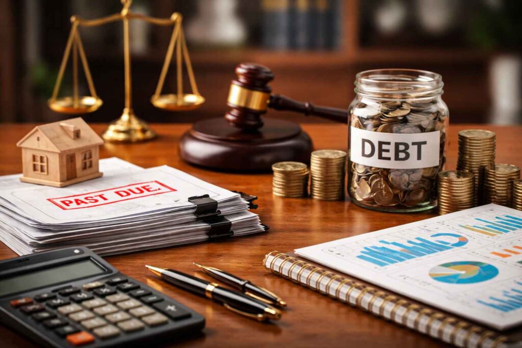 Imagem representando gestão de dívida PJ com documentos financeiros, moedas, frasco escrito debt, calculadora e elementos jurídicos.
