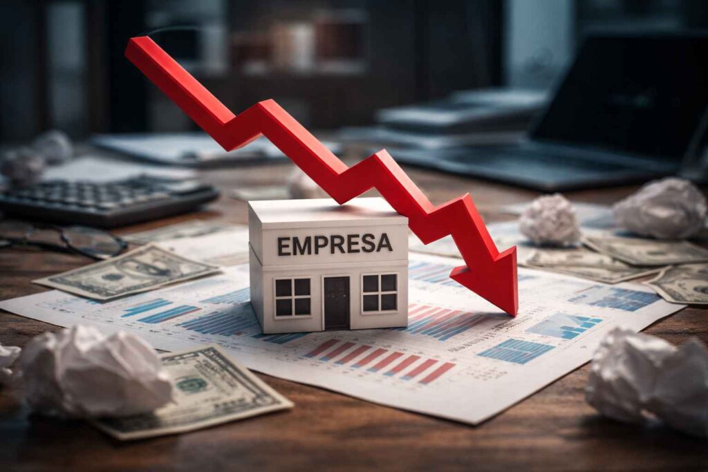Imagem representando empresa em risco de falência com prédio empresarial e seta vermelha em queda sobre gráficos financeiros.