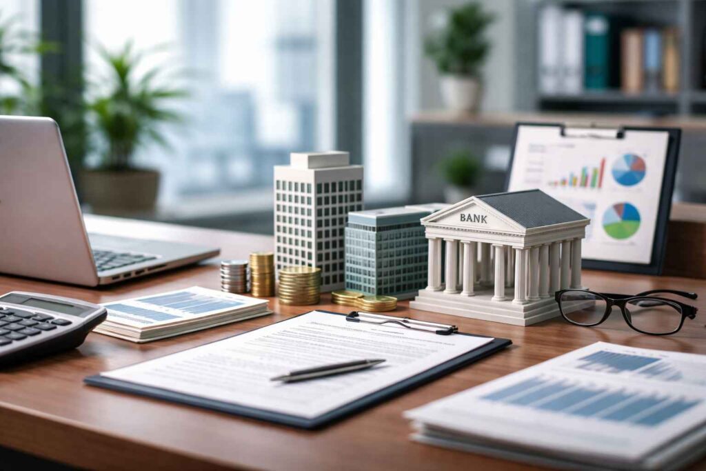 Imagem representando acordo bancário empresarial com documentos, gráfico financeiro, miniaturas de prédios e banco sobre mesa de escritório.