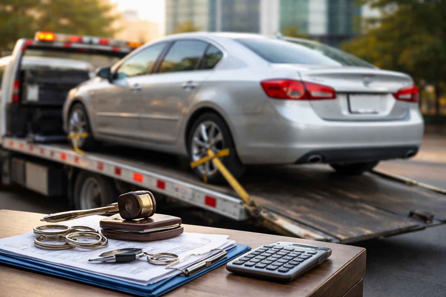Imagem de carro sendo rebocado com elementos jurídicos ao fundo, representando apreensão de veículo por dívida bancária.