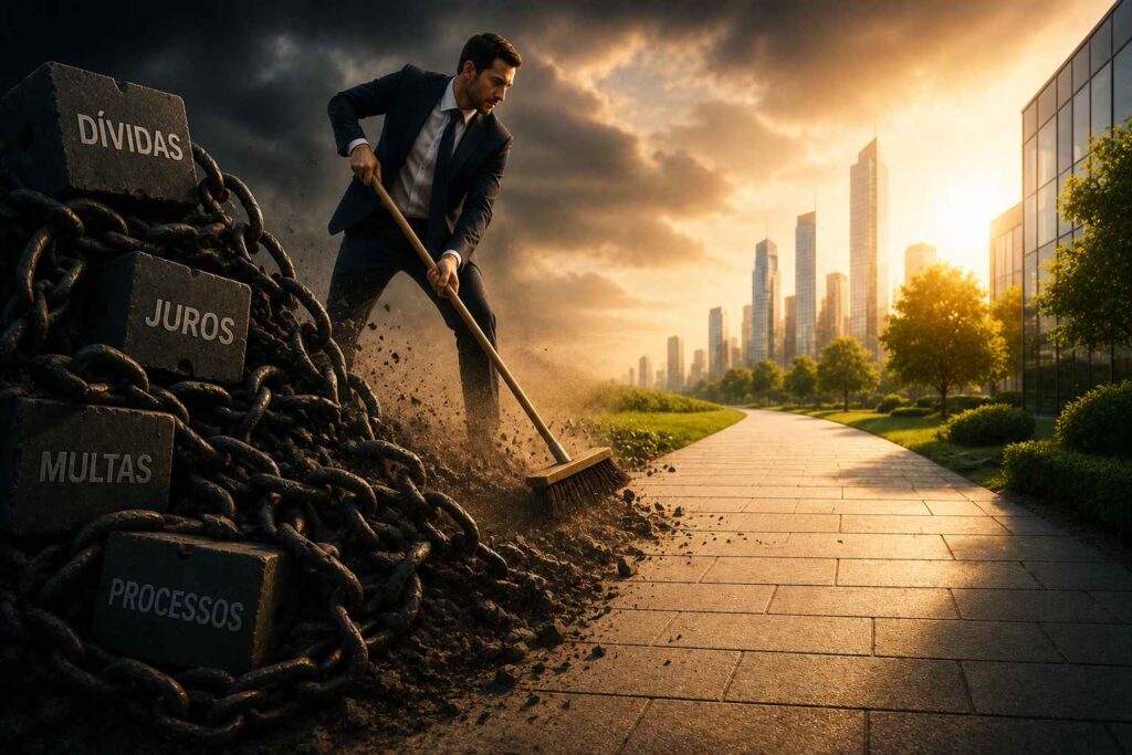 Empresário removendo obstáculos de um caminho em direção a um horizonte iluminado, simbolizando a limpeza de passivos PJ e a recuperação financeira da empresa.