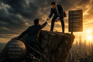 Empresário recebendo apoio estratégico para superar dificuldades financeiras, com elementos visuais representando reorganização de dívidas empresariais e recuperação financeira.