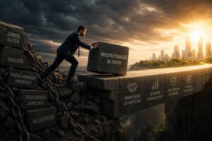 Empresário construindo uma ponte sobre um abismo em direção a uma cidade moderna, simbolizando a reestruturação de dívida PJ e a recuperação financeira da empresa.