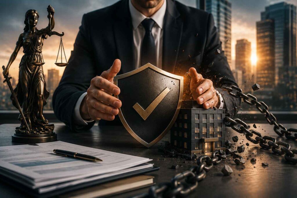 Advogado corporativo protegendo simbolicamente uma empresa cercada por correntes rompidas, representando assessoria jurídica para dívidas empresariais e recuperação financeira.