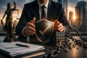 Advogado corporativo protegendo simbolicamente uma empresa cercada por correntes rompidas, representando assessoria jurídica para dívidas empresariais e recuperação financeira.