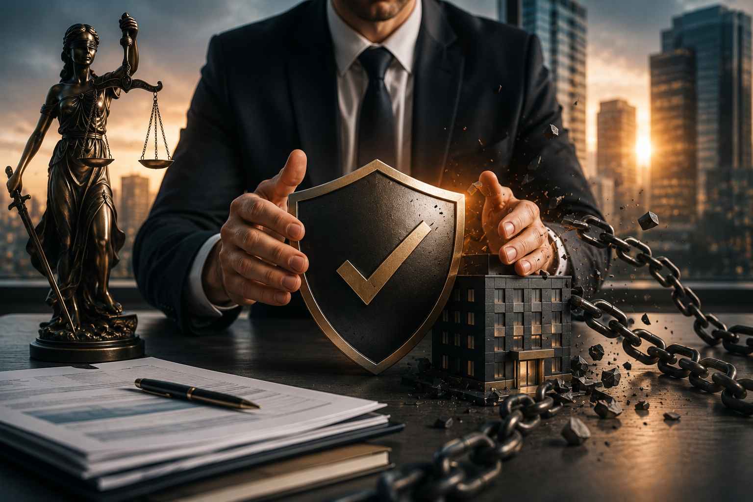 Advogado corporativo protegendo simbolicamente uma empresa cercada por correntes rompidas, representando assessoria jurídica para dívidas empresariais e recuperação financeira.