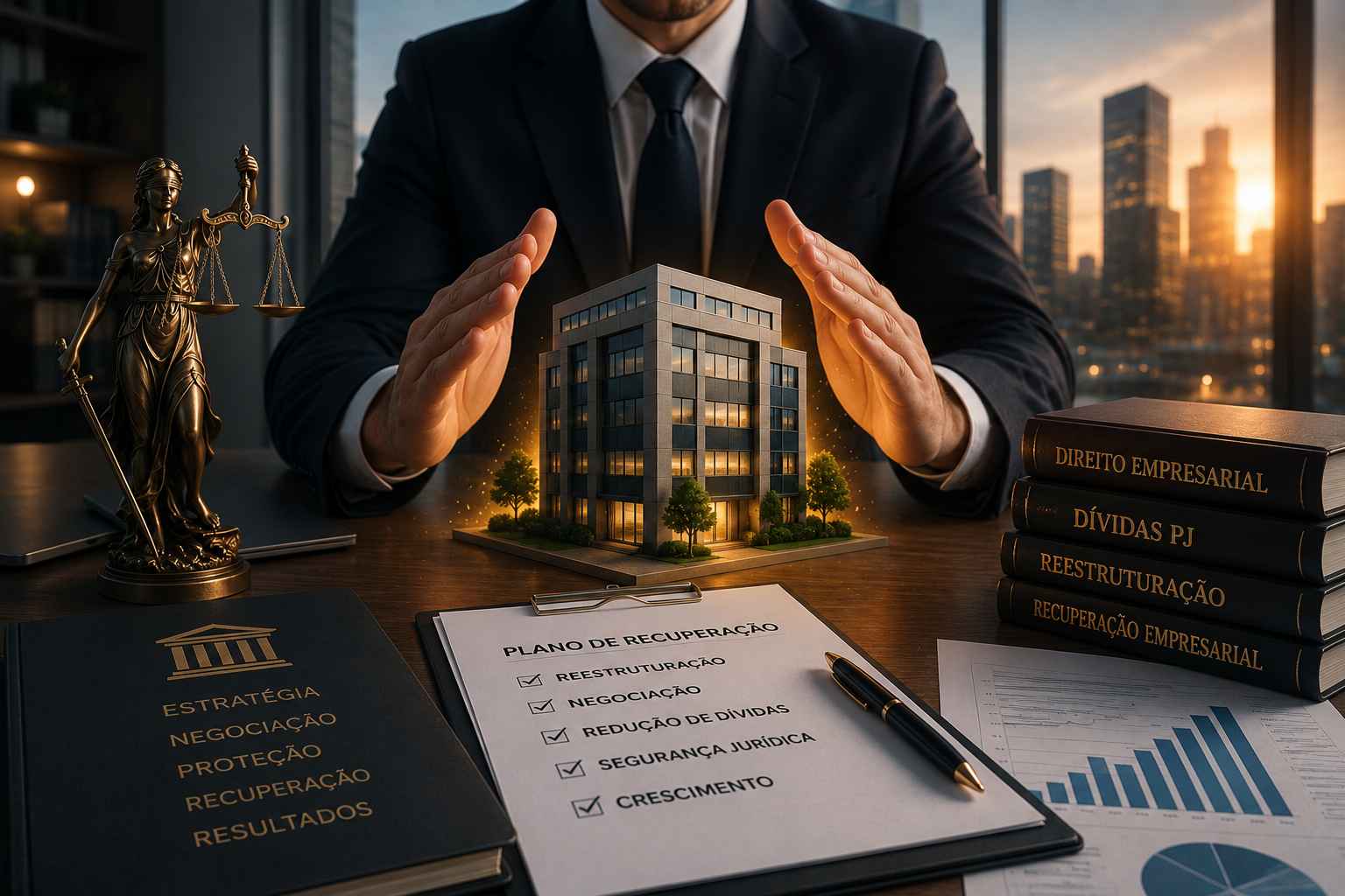 Ambiente jurídico corporativo sofisticado com foco em recuperação empresarial, mostrando estrutura profissional voltada ao atendimento de empresas endividadas.