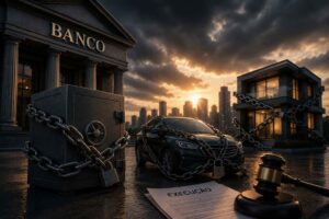 Cofre, veículo e imóvel cercados por correntes diante de um cenário bancário e jurídico, simbolizando a possibilidade de constrição patrimonial em cobranças de dívidas.