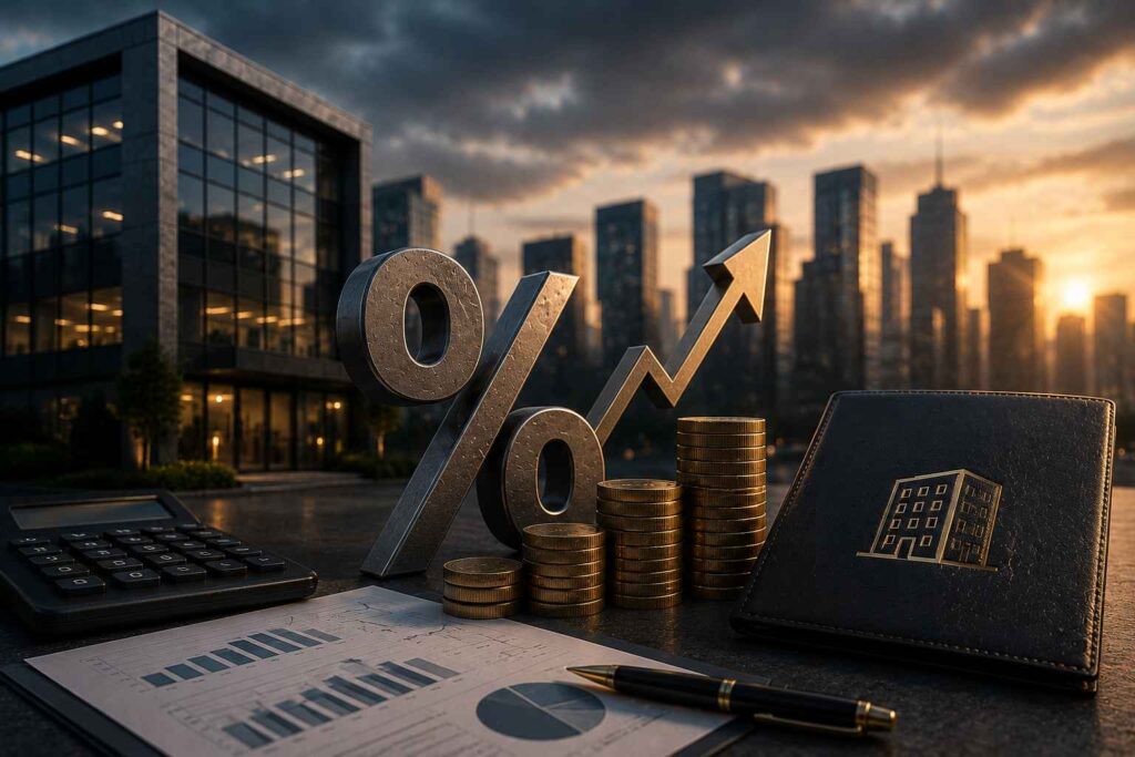 Símbolo de porcentagem ao lado de pilhas de moedas e indicadores financeiros em ambiente corporativo moderno, representando juros para empresas e operações de crédito empresarial.
